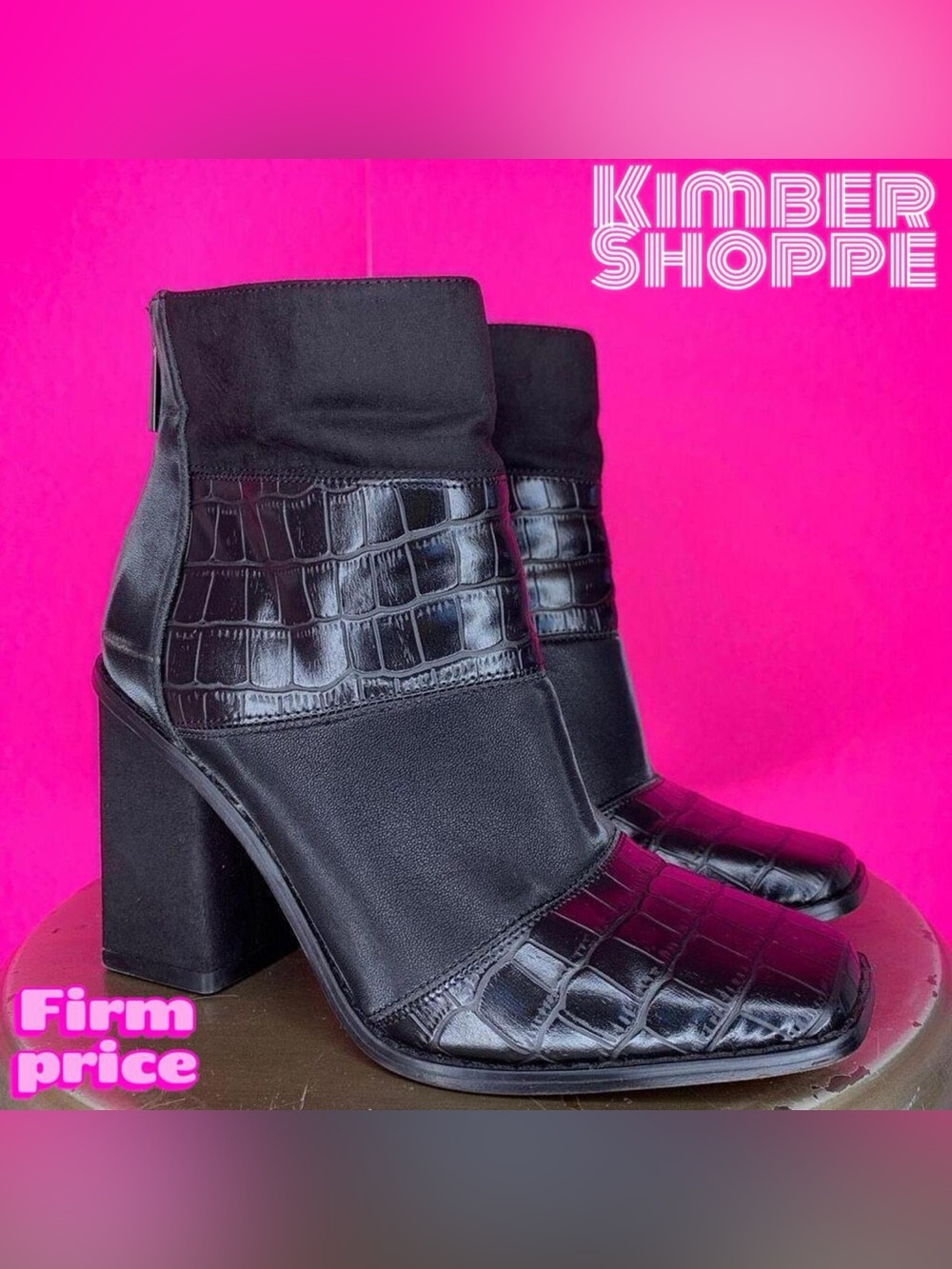 Jessica Simpson Marlea Black Faux Leather Square Toe Boots US 6.5 UK 4 EU 37